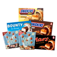 Mars, Twix, Snickers
of Bounty ice bars
pak à 5/6 stuks of trü frü
nature berries zak à 200 gram